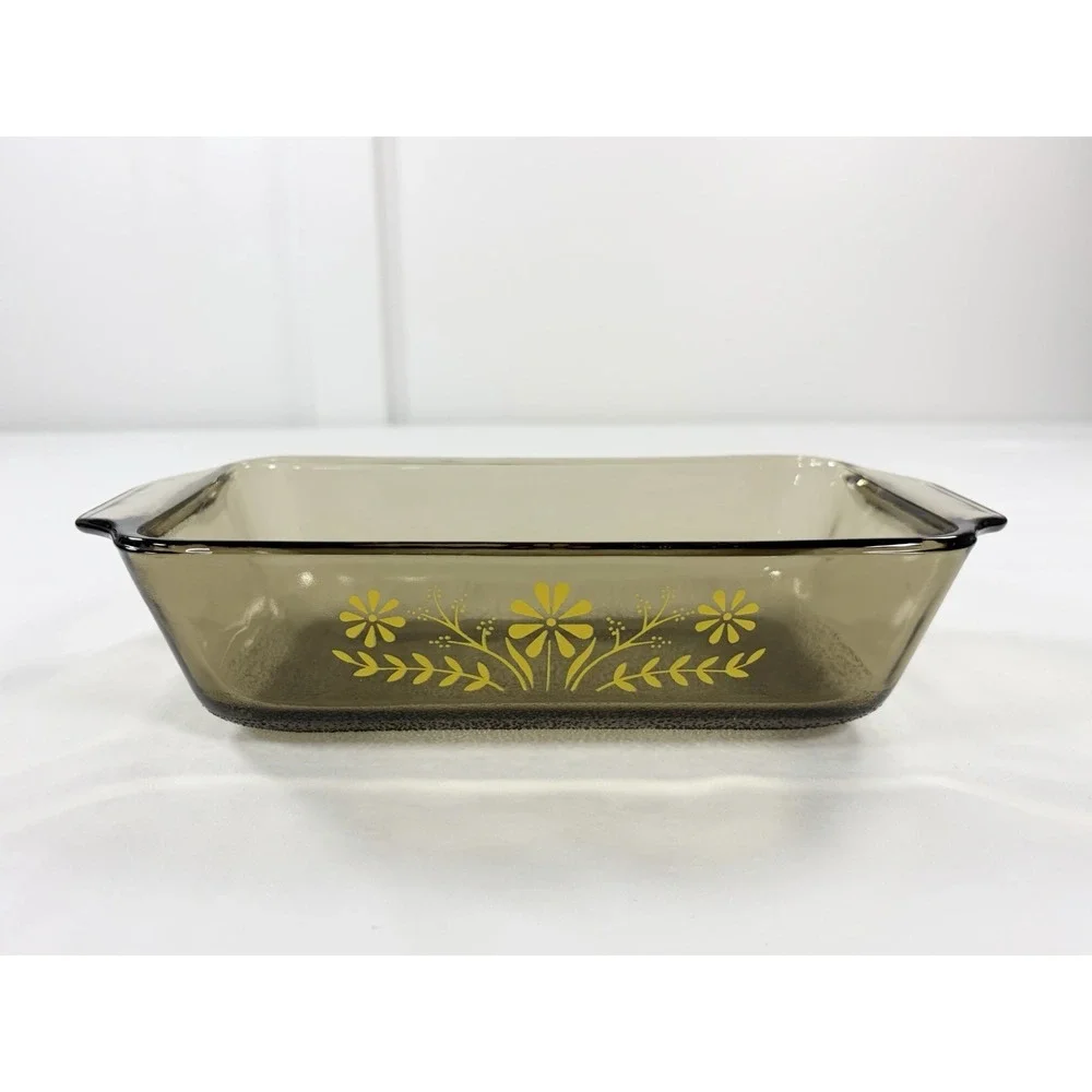 Vintage Glasbake Smoked Amber Glass Yellow Daisy Flower Loaf Pan‎ Casserole Dish